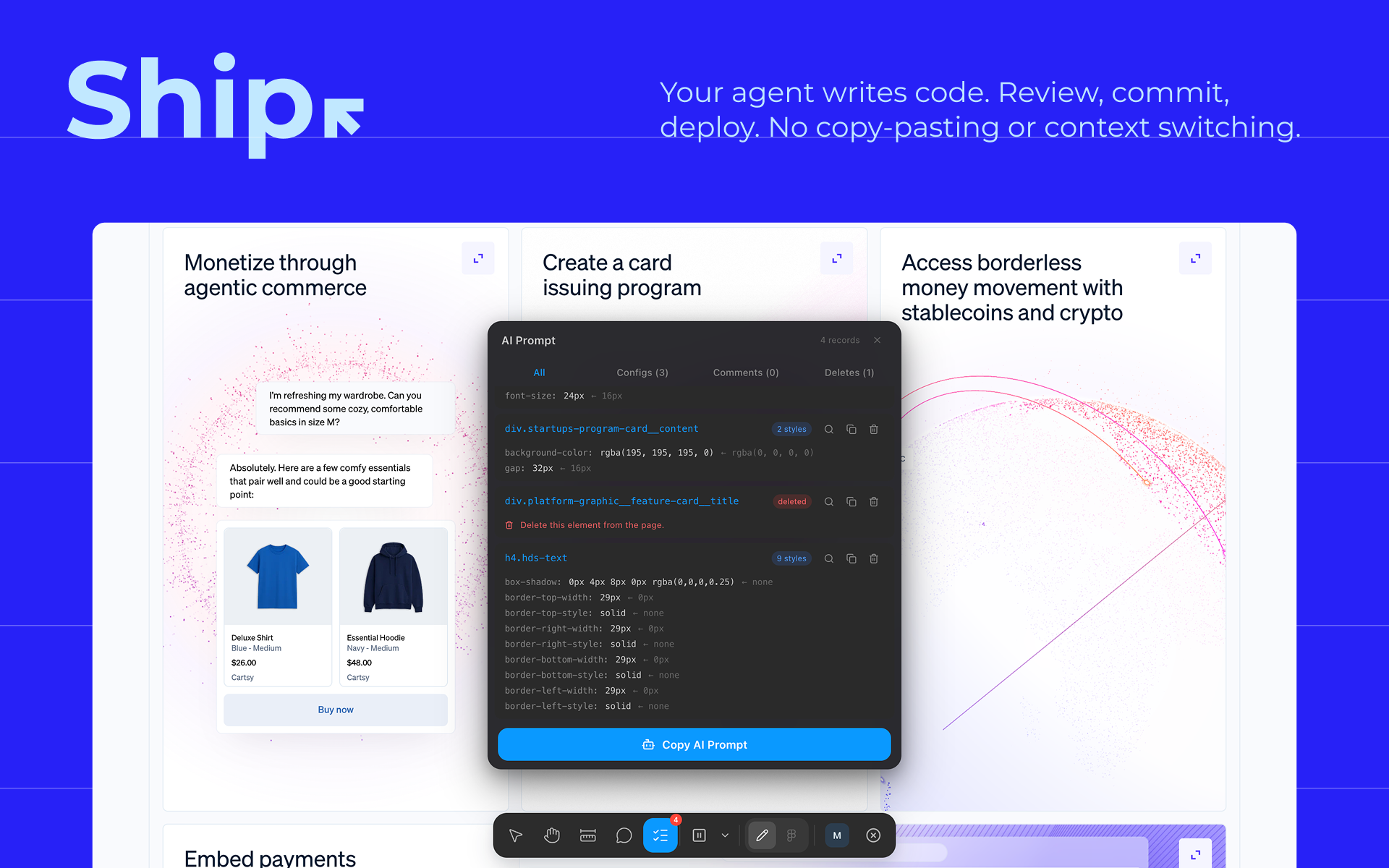 Modify AI Prompt panel capturing CSS changes from a live webpage as structured records.